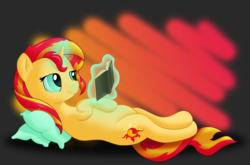 Size: 6347x4184 | Tagged: safe, artist:r0cketsquid, sunset shimmer, pony, unicorn, g4, absurd resolution, female, levitation, magic, monochrome, pillow, reading, solo