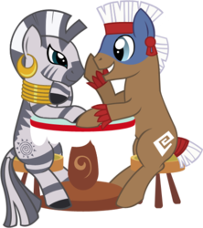 Size: 434x488 | Tagged: safe, artist:thecheri, temple chant, zecora, earth pony, pony, zebra, g4, background pony, female, male, shipping, simple background, stallion, stool, straight, table, transparent background, tribal pony, vector, zechant