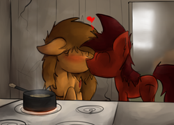 Size: 1280x927 | Tagged: safe, artist:marsminer, oc, oc only, oc:mars miner, oc:venus spring, earth pony, pony, unicorn, blushing, cooking, cute, ear fluff, eyes closed, female, floppy ears, happy, heart, kissing, kitchen, male, mare, marspring, ocbetes, pot, raised hoof, shipping, smiling, stallion, stove, straight, venus spring actually having a pretty good time