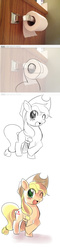 Size: 640x2676 | Tagged: safe, artist:freedomthai, applejack, earth pony, pony, g4, 9gag, blushing, comic, crossed hooves, female, how to draw, irl, lineart, looking at you, mare, needs more jpeg, open mouth, photo, raised hoof, sketch, smiling, solo, toilet paper roll, tutorial, wat, wink