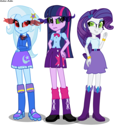 Size: 1500x1647 | Tagged: safe, artist:asika-aida, rarity, trixie, twilight sparkle, alicorn, equestria girls, g4, inspiration manifestation, alicorn amulet, corrupted, counterparts, dark magic, glowing eyes, inspirarity, magic, magical trio, simple background, sombra eyes, transparent background, trio, twilight sparkle (alicorn), twilight's counterparts, what has magic done