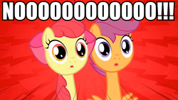 Size: 960x540 | Tagged: safe, edit, edited screencap, screencap, apple bloom, scootaloo, pegasus, pony, g4, one bad apple, big no, caption, female, filly, image macro, long neck, meme, no, text