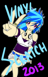 Size: 1064x1700 | Tagged: safe, artist:fiji-firefox, dj pon-3, vinyl scratch, human, g4, 2013, anime, belly button, belt, blushing, clothes, cutie mark on clothes, headphones, humanized, midriff, nail polish, off shoulder, peace sign, ring, shorts