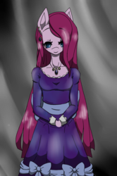 Size: 680x1026 | Tagged: safe, artist:fiji-firefox, pinkie pie, earth pony, anthro, g4, clothes, dress, female, mad father, pinkamena diane pie, reference, solo