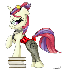Size: 800x914 | Tagged: safe, artist:[redacted], moondancer, pony, unicorn, g4, adorasexy, book, clothes, corset, cute, embarrassed, female, glasses, mare, sexy, solo, stockings