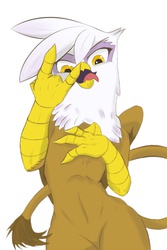 Size: 666x1000 | Tagged: safe, artist:[redacted], gilda, griffon, g4, beak, devil horn (gesture), female, looking at you, open beak, open mouth, simple background, solo, standing, tongue out, white background, yellow eyes