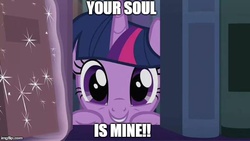 Size: 599x337 | Tagged: safe, edit, edited screencap, screencap, twilight sparkle, alicorn, pony, amending fences, g4, book, bookshelf, bronybait, cute, image macro, meme, shang tsung, soul, twiabetes, twilight sparkle (alicorn), your soul is mine