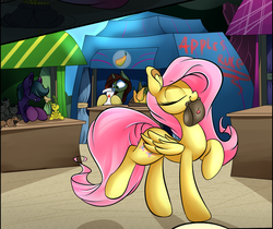 Size: 1024x859 | Tagged: safe, artist:madacon, fluttershy, pegasus, pony, g4, cropped, eyes closed, female, five nights at freddy's, frown, hilarious in hindsight, mare, mouth hold, plushie, plushtrap, purple man (fnaf), raised hoof, raised leg, smiling, springtrap, wide eyes