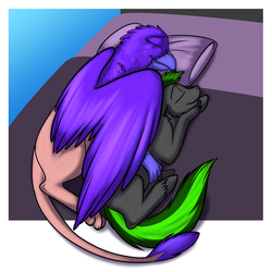 Size: 1000x1000 | Tagged: safe, artist:foxenawolf, oc, oc only, oc:long path, oc:roseclaw, earth pony, griffon, pony, fanfic:a different perspective, fanfic art, sleeping, snuggling