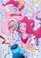 Size: 1654x2342 | Tagged: safe, artist:ddd1983, pinkie pie, earth pony, human, pony, equestria girls, g4, duality, human ponidox, party cannon, pixiv, pony cannonball, square crossover