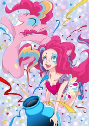 Size: 1654x2342 | Tagged: safe, artist:ddd1983, pinkie pie, earth pony, human, pony, g4, clothes, duality, eared humanization, human ponidox, humanized, party cannon, pixiv, pony cannonball, square crossover