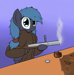 Size: 1518x1546 | Tagged: safe, artist:the-furry-railfan, oc, oc only, oc:night strike, bottlecap, broken glass, everything is ruined, grenade launcher, gun, looking at you, m79, rifle, shotgun, sunset sarsparilla, weapon
