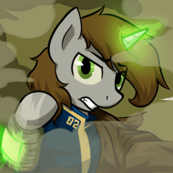 Size: 1024x1024 | Tagged: safe, artist:sitrirokoia, oc, oc only, oc:littlepip, pony, unicorn, fallout equestria, brown mane, cloak, clothes, fallout, fanfic, fanfic art, female, glowing horn, green eyes, hooves, horn, jumpsuit, magic, mare, pipboy, pipbuck, solo, teeth, vault suit
