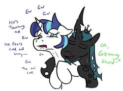 Size: 929x687 | Tagged: safe, artist:jargon scott, queen chrysalis, shining armor, changeling, pony, unicorn, g4, bad touch, changeling king, cute, dialogue, do not want, ew, eyes closed, female, gleamibetes, gleaming shield, king metamorphosis, male, mare, morphabetes, personal space invasion, rule 63, rule63betes, shining adorable, ship:gleaming metamorphosis, ship:shining chrysalis, shipping, shipping denied, straight