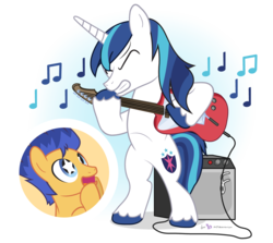 Size: 1110x990 | Tagged: safe, artist:dm29, flash sentry, shining armor, pegasus, pony, unicorn, g4, amplifier, cute, diasentres, duo, electric guitar, fanboy, guitar, male, musical instrument, simple background, stallion, starry eyes, transparent background
