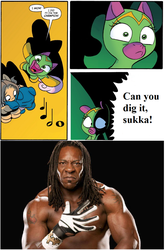 Size: 776x1176 | Tagged: safe, cheerilee, human, g4, spoiler:comic, booker t, crossover, irl, irl human, photo, surprise entrance meme, wwe