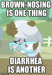 Size: 315x447 | Tagged: safe, edit, edited screencap, screencap, silver spoon, g4, one bad apple, cannot unsee, caption, diarrhea, dirt, image macro, implied poop, meme, mud, out of context