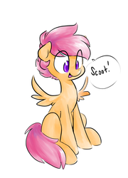 Size: 1444x2001 | Tagged: safe, artist:glacierclear, scootaloo, pegasus, pony, g4, alternate hairstyle, cute, cutealoo, dialogue, female, mare, onomatopoeia, open mouth, simple background, sitting, solo, speech bubble, spread wings, white background