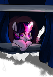 Size: 1280x1853 | Tagged: safe, artist:catzino, twilight sparkle, g4, crossed hooves, female, glowing horn, horn, looking at you, magic, quill, scrunchy face, solo, window