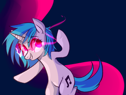 Size: 1280x960 | Tagged: safe, artist:catzino, dj pon-3, vinyl scratch, pony, g4, bipedal, female, glowing eyes, solo, waving