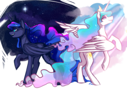 Size: 1280x889 | Tagged: safe, artist:catzino, princess celestia, princess luna, g4, crepuscular rays, day, duality, night, night sky, raised hoof, rearing, smiling, stars