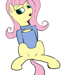 Size: 562x689 | Tagged: safe, artist:flutteriot, fluttershy, g4, bottomless, clothes, dock, featureless crotch, female, keyhole turtleneck, open-chest sweater, partial nudity, solo, sweater, sweatershy, turtleneck