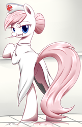 Size: 1000x1550 | Tagged: safe, artist:acersiii, nurse redheart, earth pony, pony, g4, bedroom eyes, bipedal leaning, butt, clothes, female, looking at you, mare, mouth hold, needle, nurse, nurse redbutt, plot, smiling, solo, syringe