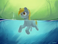 Size: 1600x1200 | Tagged: safe, artist:chickhawk96, derpy hooves, pegasus, pony, g4, bubble, coral, crepuscular rays, derp, female, floating, folded wings, forest, mare, misleading thumbnail, seaweed, solo, sunlight, swimming, swimming pool, underwater, water, waterfall, wings