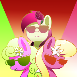 Size: 1280x1280 | Tagged: safe, artist:acersiii, daisy, flower wishes, lily, lily valley, roseluck, g4, female, flower in hair, flower trio, rose, sunglasses, trio, trio female