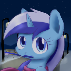 Size: 1280x1280 | Tagged: safe, artist:acersiii, minuette, pony, unicorn, g4, bench, clothes, female, lamppost, looking at you, mouth hold, scarf, solo, toothbrush, winter