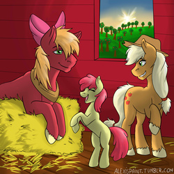 Size: 1280x1280 | Tagged: safe, artist:alexispaint, apple bloom, applejack, big macintosh, earth pony, pony, g4, accessory swap, male, stallion