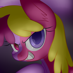 Size: 1280x1280 | Tagged: safe, artist:acersiii, artist:longsummer, berry punch, berryshine, cherry berry, earth pony, hybrid, pony, g4, background pony, cherry berry punch, evil smile, female, fusion, grin, mare, portrait, solo