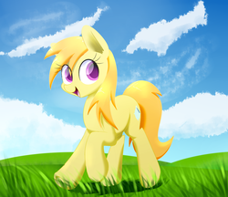 Size: 1280x1106 | Tagged: safe, artist:acersiii, oc, oc only, earth pony, pony, cloud, cloudy, cute, day, field, grass, grass field, hill, purple eyes, scenery, sky, smiling, solo