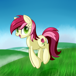 Size: 1280x1280 | Tagged: safe, artist:acersiii, roseluck, earth pony, pony, g4, day, female, field, grass, grass field, green eyes, hill, hopping, jumping, looking at you, sky, smiling, solo