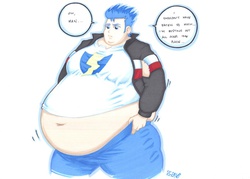 Size: 800x572 | Tagged: safe, artist:prisonsuit-rabbitman, flash sentry, equestria girls, g4, belly, belly button, bhm, fat, flab sentry, humanized, male, moobs, obese, simple background, solo, wardrobe malfunction, white background