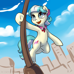 Size: 1500x1500 | Tagged: safe, artist:kp-shadowsquirrel, coco pommel, earth pony, pony, g4, armpits, bipedal, chicago, cocobetes, cute, female, lamppost, manehattan, mare, singin' in the rain, solo