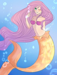 Size: 778x1024 | Tagged: safe, artist:yanshiki, fluttershy, human, mermaid, g4, belly button, blushing, female, humanized, mermaidized, midriff, seashell, solo, underwater, watershy