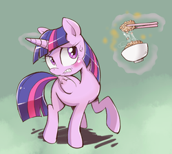 Size: 1140x1021 | Tagged: safe, artist:k-nattoh, twilight sparkle, alicorn, pony, g4, blushing, bowl, chopsticks, do not want, female, food, gritted teeth, levitation, magic, mare, natto, nervous, raised hoof, solo, sweat, telekinesis, twilight sparkle (alicorn)