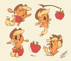 Size: 900x771 | Tagged: safe, artist:assasinmonkey, applejack, g4, apple, chibi, cute, floppy ears, hug, jackabetes, running