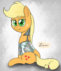 Size: 1408x1651 | Tagged: safe, artist:zaponator, applejack, pony, robot, g4, appleborg, applebot, butt, dock, ex machina, female, looking at you, parody, plot, sitting, solo, transparent flesh