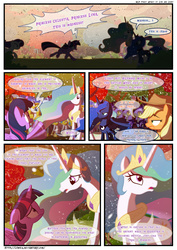 Size: 3500x4951 | Tagged: safe, artist:light262, artist:lummh, applejack, fluttershy, pinkie pie, princess celestia, princess luna, rainbow dash, rarity, twilight sparkle, alicorn, bat pony, pony, comic:timey wimey, g4, comic, female, mare, royal guard, twilight sparkle (alicorn)