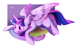 Size: 1500x922 | Tagged: safe, artist:freckledbastard, twilight sparkle, alicorn, pony, g4, bags under eyes, bedroom eyes, female, looking down, lying down, mare, messy mane, pillow, simple background, solo, spread wings, tired, transparent background, twilight sparkle (alicorn), watermark