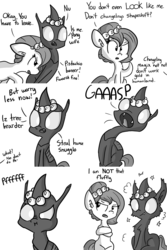 Size: 1466x2199 | Tagged: safe, artist:tjpones, oc, oc only, oc:brownie bun, oc:pistachio, changeling, horse wife, :i, annoyed, crossed hooves, cute, cuteling, fluffy, fluffy changeling, gasp, holeless, monochrome, nose wrinkle, open mouth, pushing, raised eyebrow, scrunchy face, shapeshifting, smiling, sparkles, wide eyes
