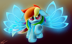 Size: 2800x1750 | Tagged: safe, artist:symbianl, rainbow dash, pony, robot, robot pony, g4, :3, alternate wings, aperture, aperture iris, bioluminescent, cute, dashabetes, female, floppy ears, glowing, gradient background, looking at you, particles, rainbot dash, raised hoof, roboticization, solo, spread wings