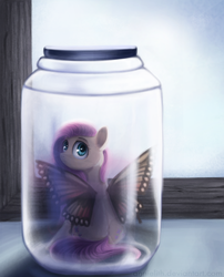 Size: 998x1238 | Tagged: dead source, safe, artist:annielith, fluttershy, butterfly, pegasus, pony, g4, butterfly wings, female, flutterfly, jar, looking at you, looking back, looking back at you, looking up, pony in a bottle, rear view, sitting, solo, trapped, turned head, window