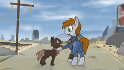 Size: 2931x1649 | Tagged: dead source, safe, artist:erthilo, oc, oc only, oc:littlepip, dog, pony, unicorn, fallout equestria, butt, clothes, dogmeat, fallout, fallout 4, fanfic, fanfic art, female, jumpsuit, mare, pipboy, pipbuck, plot, ruins, solo, vault suit, wasteland