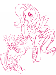 Size: 600x800 | Tagged: safe, artist:r0cco_d, discord, fluttershy, g4, blushing, female, heart, male, monochrome, ship:discoshy, shipping, sketch, straight