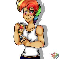 Size: 3000x3000 | Tagged: safe, artist:artistcoolpony, rainbow dash, human, g4, duo, high res, humanized, masculine, rainbow blitz, rule 63, self ponidox, size difference