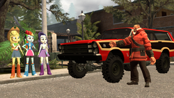 Size: 1920x1080 | Tagged: safe, artist:sebisscout1997, applejack, rainbow dash, rarity, equestria girls, g4, 3d, boots, bracelet, car, clothes, cowboy boots, ford, ford country squire wagon, gmod, high heel boots, jacket, jewelry, shoes, skirt, socks, soldier, soldier (tf2), team fortress 2, wristband