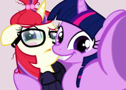 Size: 4500x3200 | Tagged: safe, artist:zigrock, moondancer, twilight sparkle, pony, amending fences, g4, :t, adorkable, blushing, boop, cute, dancerbetes, dork, embarrassed, female, floppy ears, frown, glasses, grin, lesbian, selfie, ship:twidancer, shipping, show accurate, side hug, smiling, squee, squishy cheeks, sweet dreams fuel, twiabetes